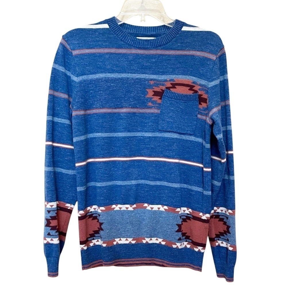Lucky Brand Sweater Men’s Size Small Blue Southwestern Cotton Knit  Crewneck